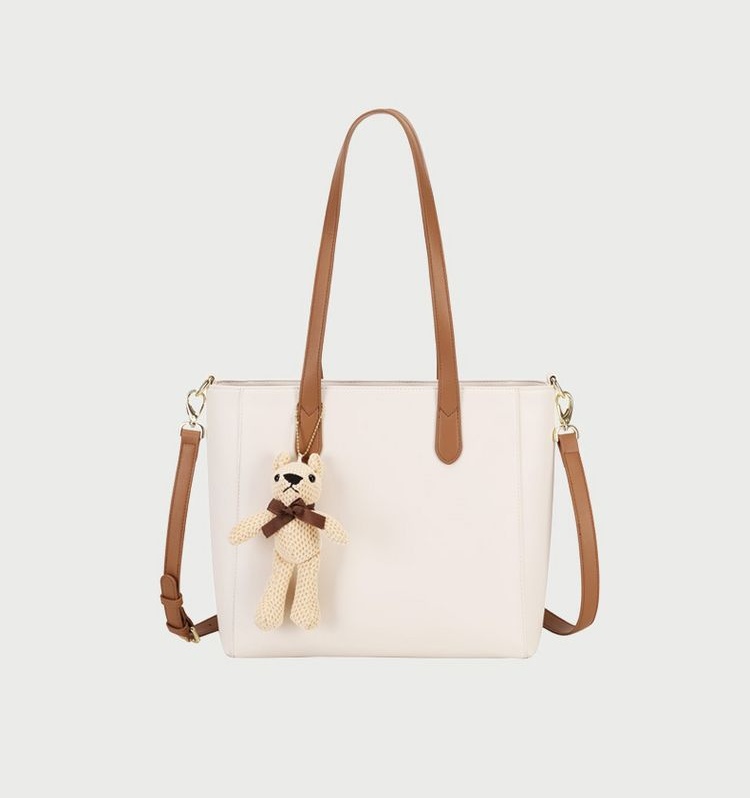 Womens Faux Leather Large Capacity Handbag with Teddy Bear Charm